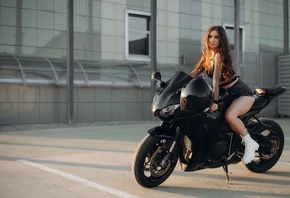 women, model, brunette, women outdoors, jean shorts, motorcycle, women with motorcycles, boots, white boots