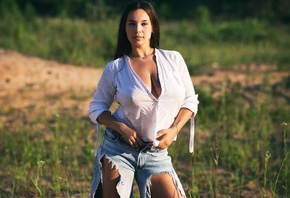 women, model, brunette, women outdoors, shirt, jeans, nature, torn jeans, neckline, tattoo