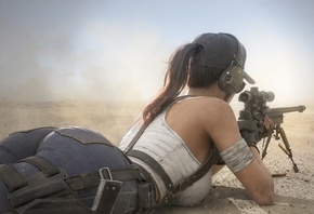 Tomb Raider, Lara croft, women, brunette, video game girls, video games, jeans, T-shirt, white t-shirt, desert, baseball cap, ponytail, rifle, arms, sniper rifle, digital art, fantasy girl, gun, pistol, ass, sunglasses, glasses