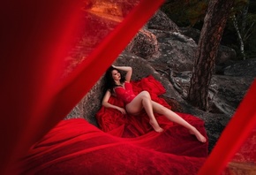 Robert Zazin, women, model, brunette, women outdoors, hips, red bodysuit, bodysuit, ass, nature, forest, rocks, barefoot, neckline, trees