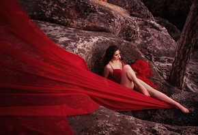 Robert Zazin, women, model, brunette, women outdoors, hips, red bodysuit, bodysuit, ass, nature, forest, rocks, barefoot, neckline, trees, legs