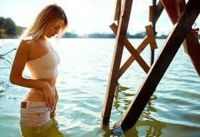 women, model, blonde, women outdoors, lake, white panties, panties, ass, hips, short tops, sky, jean shorts, jeans down