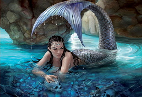 Mermaid, girl, luminos, siren, frumusete, anne stokes, water, fantasy, vara, summer