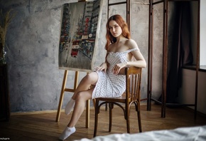 Maksim Chuprin, Nadezhda Tretyakova, polka dots, women, model, redhead, dress, white dress, women indoors, chair, bed, window, easel, short socks