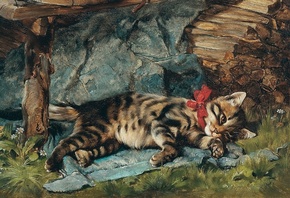 Julius Anton Adam, German, 1888, Little cat with red bow