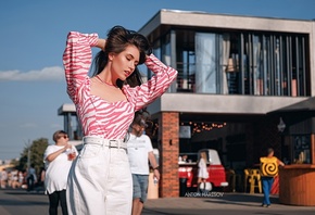 Anton Harisov, brunette, women, model, women outdoors, public, clouds, sky, blouse, pants, street, people