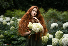 Galina Zhizhikina, redhead, model, women, women outdoors, flowers, nature,  ...