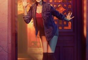 Sreliata, Yuffie Kisaragi, women, brunette, Final Fantasy, Final Fantasy VII, Final Fantasy VII: Remake, video games, video game girls, digital art, jacket, denim jacket, blouse, door, thigh high socks, jean shorts