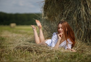 Nadezhda Tretyakova, redhead, model, women, women outdoors, white shirt, shirt, white panties, panties, grass, sky, clouds, nature, barefoot, ass, straw