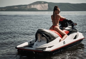 brunette, model, women, women outdoors, jet ski, jetskis, red bikini, bikini, beach, sky, clouds, sunglasses, women with glasses, ass, nature, braid, hips