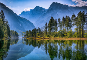 природа, пейзаж, Австрия, озеро, Almsee, отражение, горы