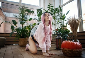 Maksim Chuprin, women, model, brunette, pink hair, women indoors, chair, ass, black panties, panties, hips, plants, ass, pierced nose, bent over, sweater, pink sweater