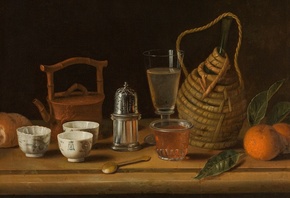 Pieter Gerritsz van Roestraten, Dutch, Still life with Chinese porcelain tea strainer basket bottle and oranges