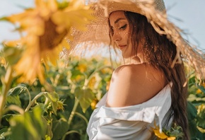 Sergey Freyer, women, brunette, women outdoors, sky, clouds, sunflowers, nature, white shirt, shirt, straw hat