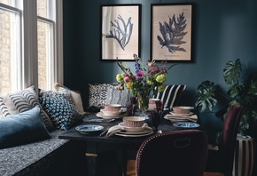 houses decor, moody ocean-blue walls, dining room, velvet dining chairs