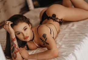 women, Sergey Freyer, tattoo, black lingerie, in bed, ass, women indoors