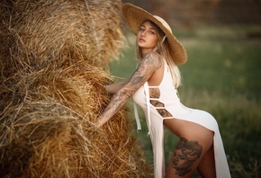 Sergey Sorokin, women, blonde, model, women outdoors, tattoo, grass, no bra ...