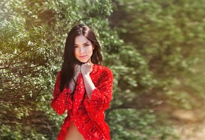 brunette, model, women, women outdoors, red dress, dress, trees, polka dots