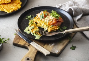 Japanese pizza, Okonomiyaki, potatoes, Salmon, Cress