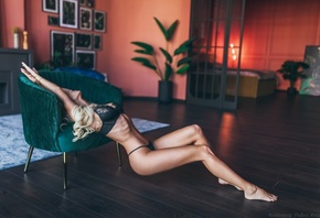 Igor Rybka, blonde, model, women, women indoors, lingerie, panties, bra, ass, plants, hips, barefoot