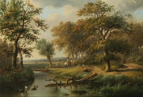 Louis Pierre Verwee, Belgian, Wooded landscape with a river and riders