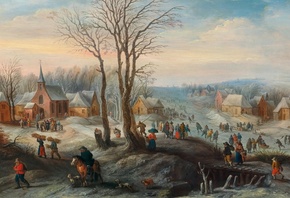 Karel Beschey, Flemish, A winter landscape with numerous figures in a village