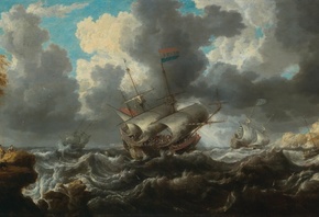 Bonaventura Peeters, Flemish, 1641, A man owar in choppy seas with soldiers on an outcrop nearby