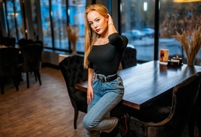 model, women, redhead, women indoors, jeans, blouse, table, dining room, boots