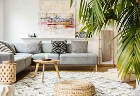 boho chic living room interior, vintage, modern boho chic