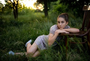 model, brunette, women, women outdoors, grass, trees, nature, dress, summer ...