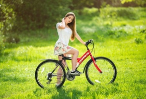 brunette, model, women, women outdoors, grass, bicycle, skirt, miniskirt, b ...
