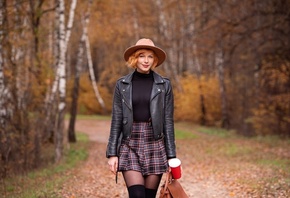 Anastasia Zhilina, redhead, women, model, women outdoors, leather jacket, skirt, plaid skirt, pantyhose, autumn, hat