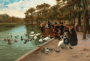 Jules Scalbert, French, Feeding Swans, By the large pond in the Bois de Boulogne in Paris