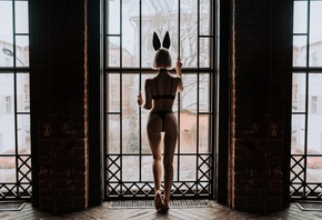 women, blonde, back, ass, skinny, window, women indoors, black lingerie, wooden floor, bunny ears, bricks