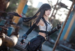 Tifa Lockhart, Final Fantasy, Final Fantasy VII: Remake, Final Fantasy VII, model, brunette, women, cosplay, Asian, women outdoors, gloves, miniskirt, video game girls, video games, short tops, red eyes, Video Games Clothes, bokeh, ass, panties, white pan