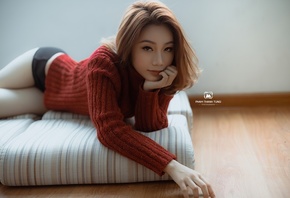 Pham Thanh, Asian, women, model, brunette, women indoors, hips, black panties, panties, sweater, cushions, wooden floor