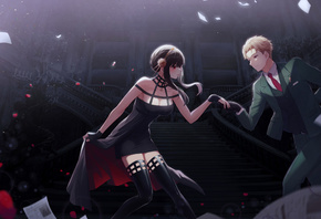 Yor Forger, Loid Forger, Anime, Anime girls, Spy x Family, castle, black dress, fan art, gloves, women, brunette, necktie, red eyes, mansion, digital art, artwork, men, dancing