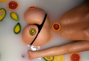 women, model, brunette, blonde, bathtub, in bathtub, ass, rear view, avocado, grapefruits, Kiwi, women indoors