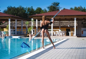 Sergey Minin, women, model, brunette, redhead, women outdoors, swimwear, one-piece swimsuit, swimming pool, ass, trees, nature, rear view