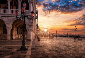 Італія, місто, Венеція, площа, Сан Марко, палац, ліхтар, ранок, схід сонця, промені сонця