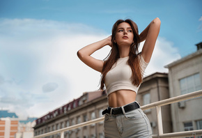 Maxim Matveev, brunette, women, women outdoors, model, jeans, public, short tops, sky, clouds