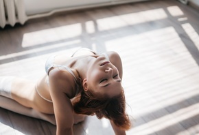 women, model, redhead, women indoors, closed eyes, white lingerie, white br ...