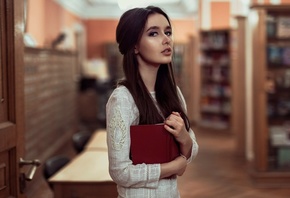 Marina Kapitsa, brunette, model, women, women indoors, books, blouse, white blouse, long hair