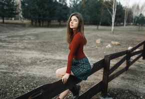 brunette, women, model, women outdoors, fence, miniskirt, plaid skirt, trees, nature, wood, boots, sitting