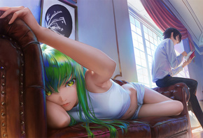 Namako Mikan, code geass, C.C. (Code Geass), Lelouch vi Britannia, anime girls, anime boys, women, green hair, anime, jean shorts, tank top, window, white shirt, chair, digital art