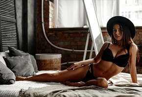 Dmitry Noer, Svetlana Ivanova, brunette, women, model, in bed, ass, women indoors, bed, black lingerie, black panties, black bra, lingerie, hips, window, hat, black hat, pierced nose