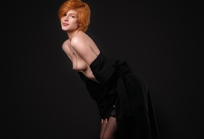 Anastasia Zhilina, redhead, women, model, boobs, nipples, black stockings,  ...