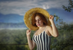 redhead, women, model, striped dress, dress, nature, , sky, , cl ...