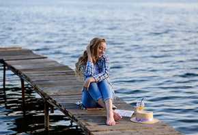 women, blonde, model, women outdoors, plaid shirt, jeans, hips, water, wome ...