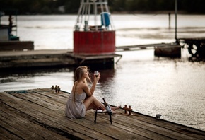 women, blonde, model, women outdoors, dress, glass of wine, wine, grapes, barefoot, lake